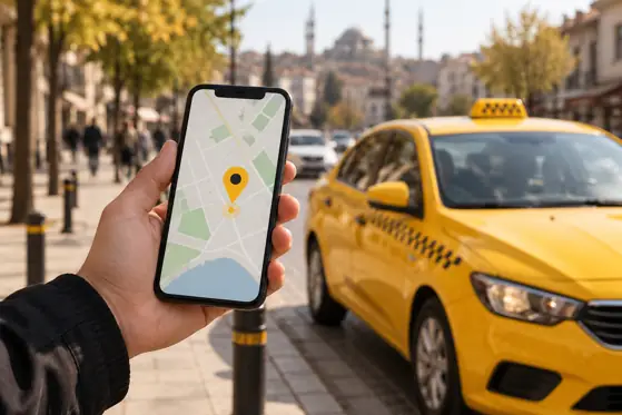 Taksi buluşma noktası için telefonda konum paylaşımı — temsili görsel